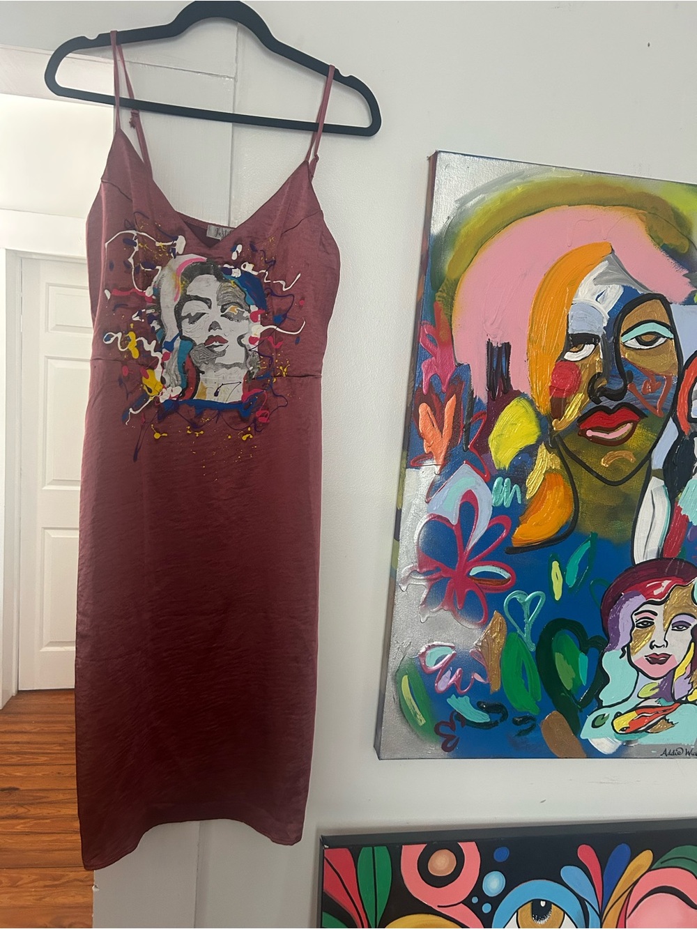 Women's Slip Dress with Artistic Portrait Print - Burgundy
